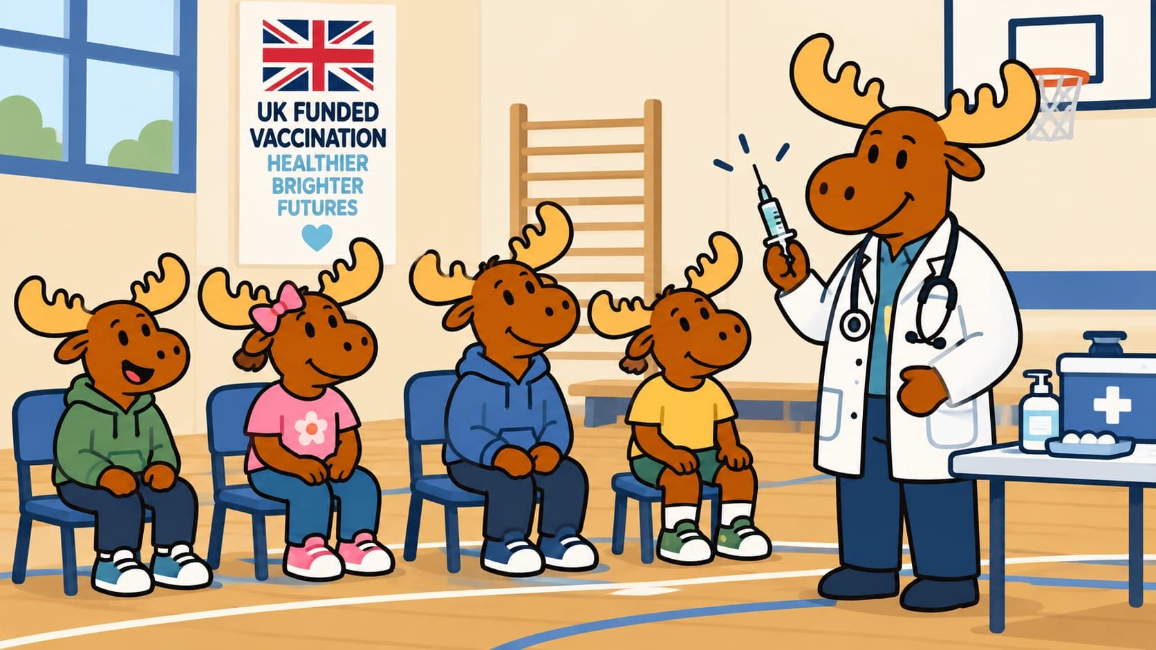 NHS vaccination programme showing a person receiving a vaccine while others in the community are also protected.